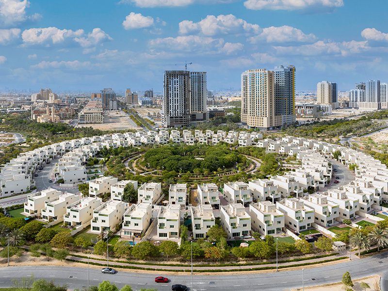This is a picture of townhouses in Dubai with forest neighbourhoods.